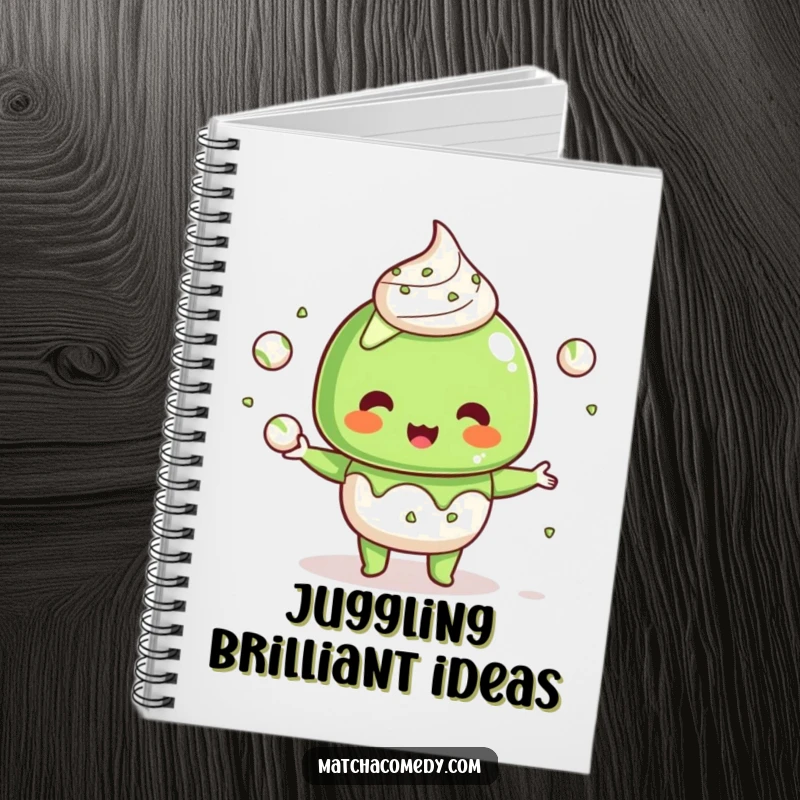 Funny Kawaii Matcha Dessert Notebook: Lined pages inside, featuring a cute character humorously juggling tiny matcha balls.