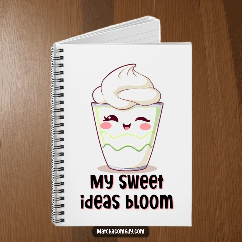 Funny Notebook cover features a kawaii matcha parfait winking playfully, inspiring sweet note-taking and planning.