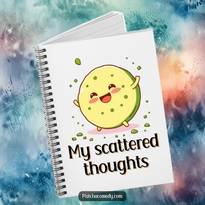 Funny, smiling matcha cookie doing a cartwheel and scattering crumbs on the cover of this fun and functional notebook.
