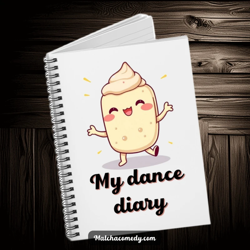 Funny notebook cover illustrating a matcha dessert performing an incredibly funny and energetic dance for creative inspiration.