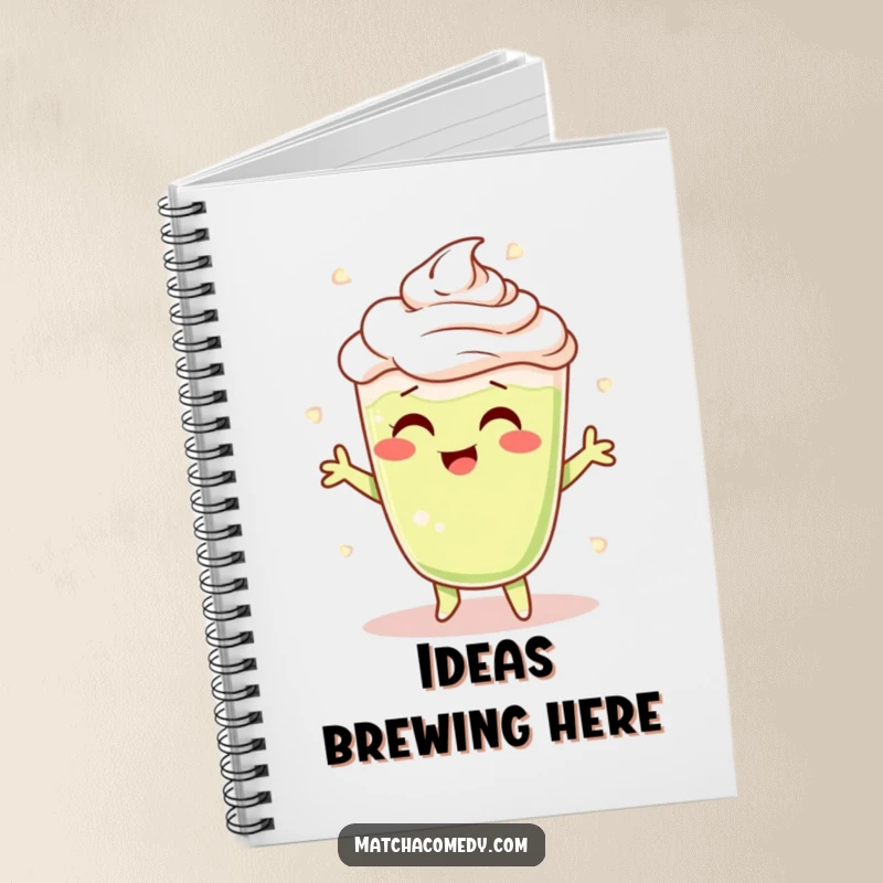 Funny Matcha Latte Notebook with a cheerful character shimmying with foamy swirls, ideal for notes and creativity.