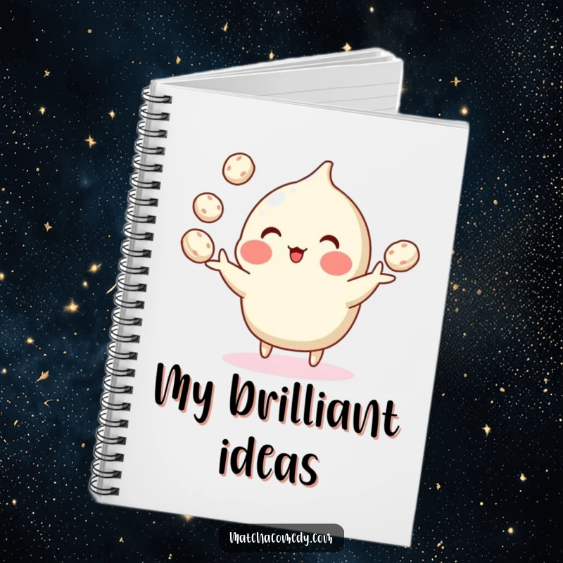 Funny notebook cover with a matcha confection engaged in a comical juggling act with small mochi, inspiring creativity.