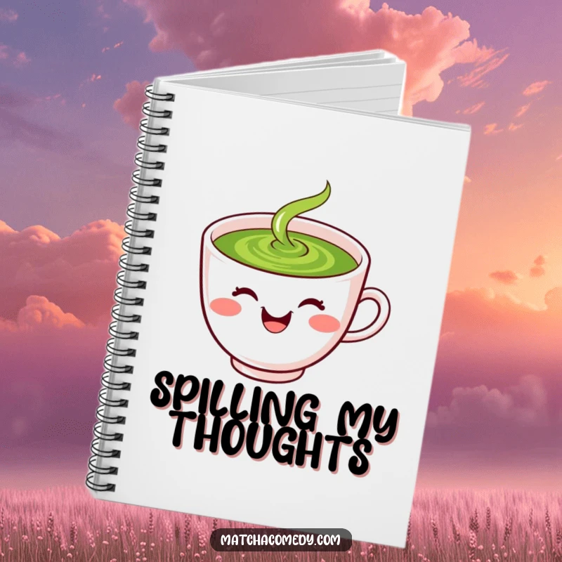 Funny laughing kawaii matcha tea cup with smiley face, spilling green liquid, notebook.