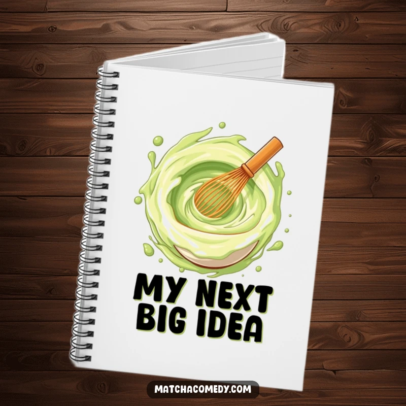Funny matcha whisk stirring a vortex of joy on a notebook cover, ideal for capturing ideas.