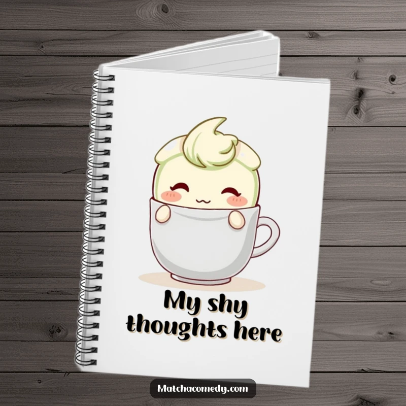 Funny Matcha Latte Notebook featuring a blushing character shyly hiding behind a teabag, inspiring gentle note-taking and thoughtful entries.