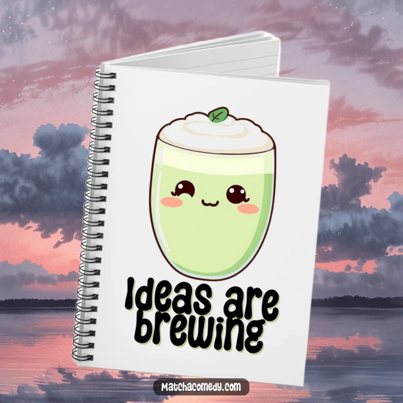 Funny Kawaii Matcha Latte Notebook with a cheeky smirk, open with blank pages, ready for notes.