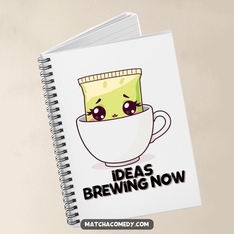 Funny surprised matcha tea bag design on a notebook cover, wide eyes peeking, perfect for journaling and notes.