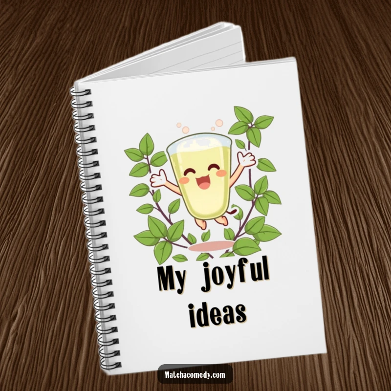 Funny Matcha Latte Notebook featuring an excited character jumping for joy surrounded by green leaves, inspiring energetic note-taking and creative ideas.
