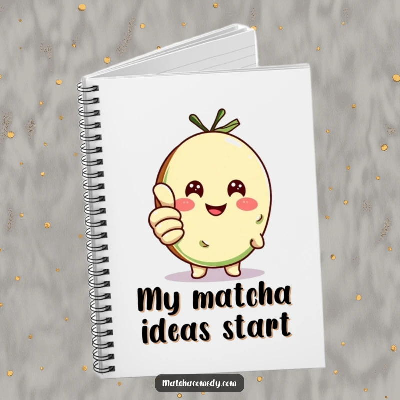 Funny matcha cookie character giving a thumbs up, featured on a notebook cover, perfect for writing and humor.