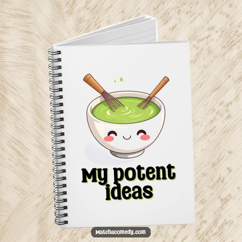 Funny kawaii matcha tea bowl notebook cover, smiling and actively whisking itself.