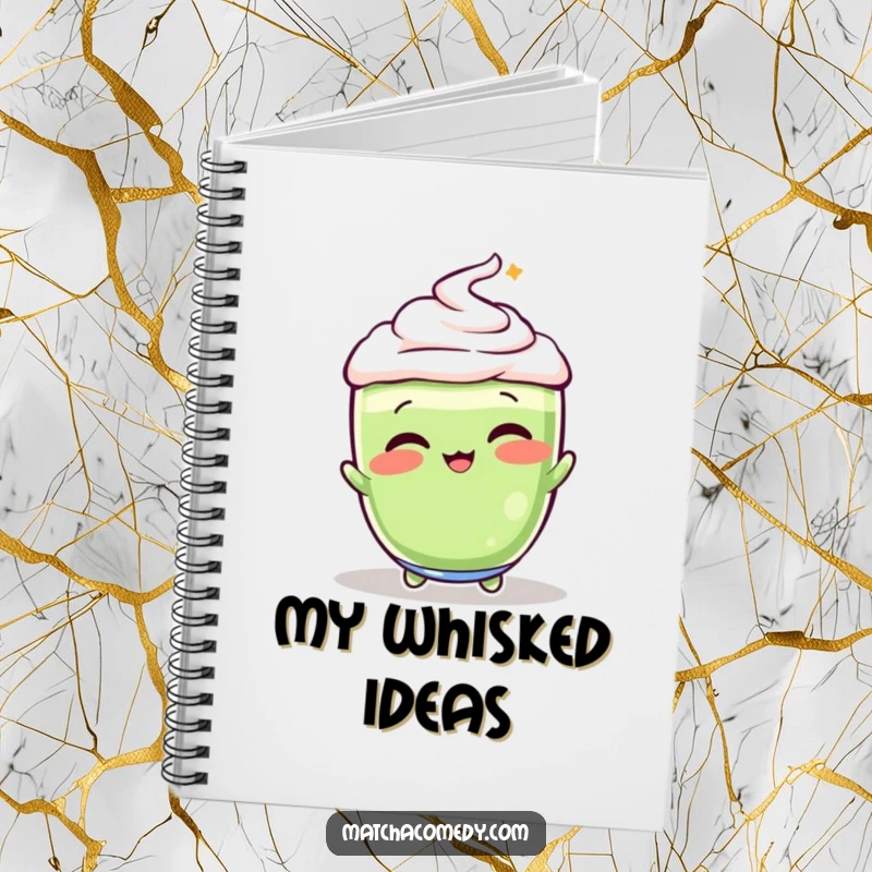 Funny, vibrant matcha latte in a playful whisking motion on the cover of this fun and functional notebook.