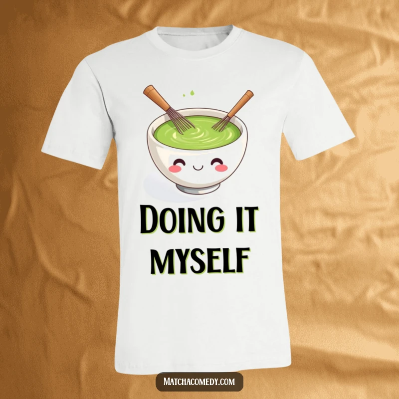 Funny kawaii matcha tea bowl t-shirt, smiling and actively whisking itself with a tiny whisk.