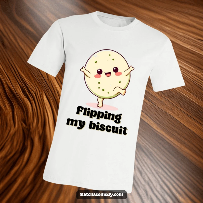Funny Kawaii matcha cookie t-shirt performing a cartwheel, showcasing energetic and sweet fun, a delightful gift for dessert fans.