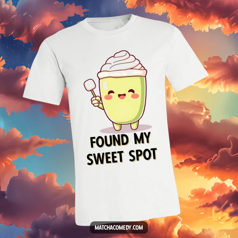 Funny Matcha Latte T-Shirt featuring an excited character pointing with glee at a magical floating sugar cube, ideal for casual wear.
