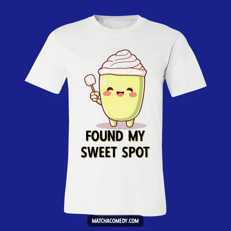 Funny Matcha Latte Sugar Seeker T-Shirt: Excited Character, Floating Cube, Fun Tee Gift