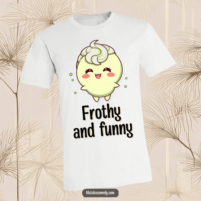 Funny matcha tea cup character with a frothy swirl, giggling mischievously, emblazoned on a comfortable graphic t-shirt.