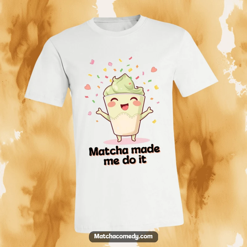 Funny happy matcha cup t-shirt, showering confetti with glee, embodying a festive and joyful celebration.