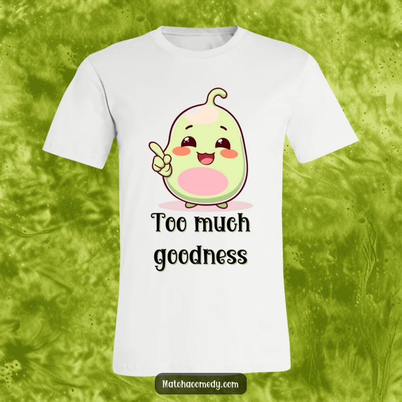 Funny T-Shirt with a giggling kawaii matcha bean joyfully pointing upwards, showcasing an incredibly excited and humorous expression.