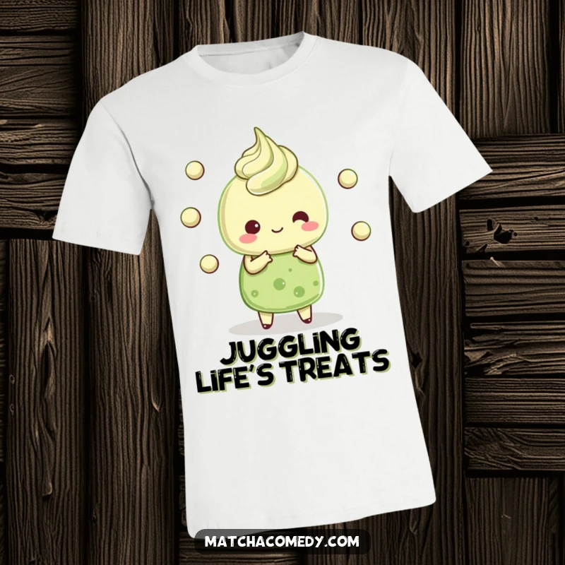 Funny Kawaii matcha dessert treat character humorously juggling small matcha balls, soft fabric, designed for comfort and smiles.