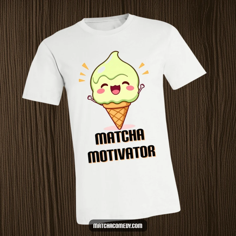 Funny Kawaii Matcha Ice Cream T-Shirt: A cute matcha ice cream cone cheering with enthusiasm and a smile.