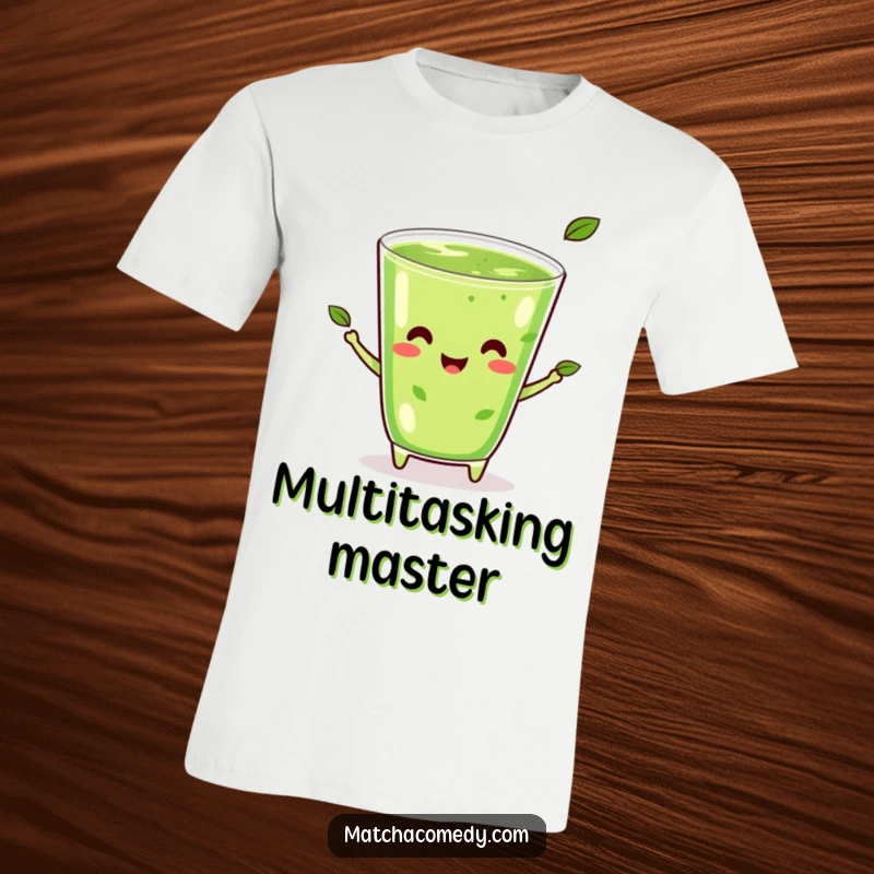 Funny Kawaii Matcha Juggling T-Shirt: A happy matcha beverage skillfully juggling three green tea leaves.