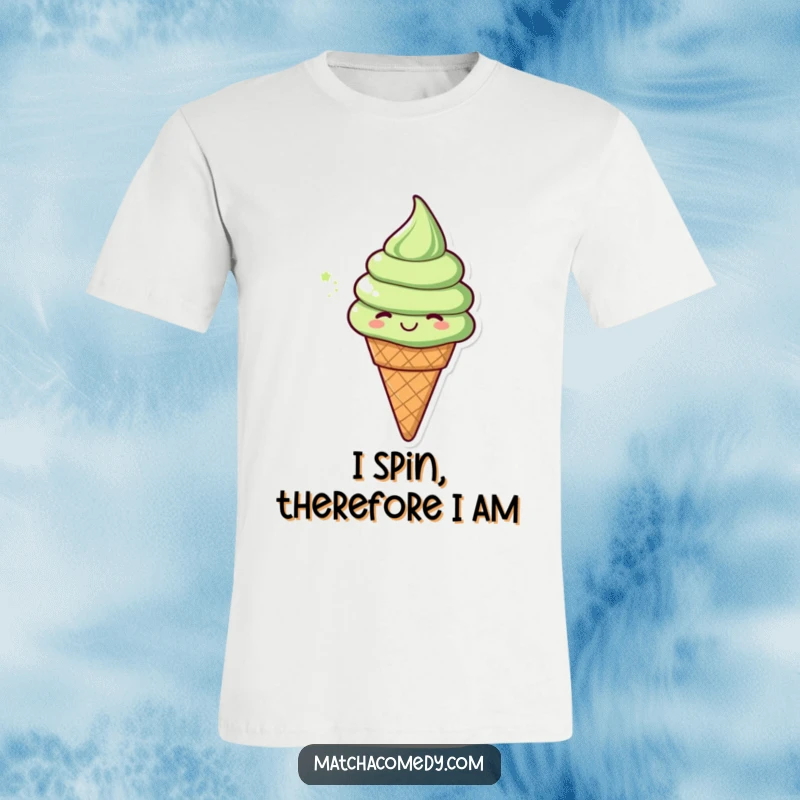 Funny matcha ice cream cone in a cheerful spin pose on a t-shirt, capturing a moment of pure, energetic delight. Adorable and fun.