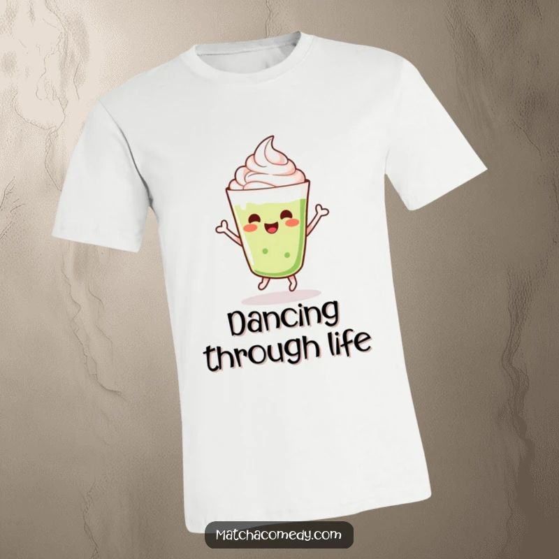 Funny dancing kawaii matcha latte with whipped cream, doing a cheerful jig, t-shirt.
