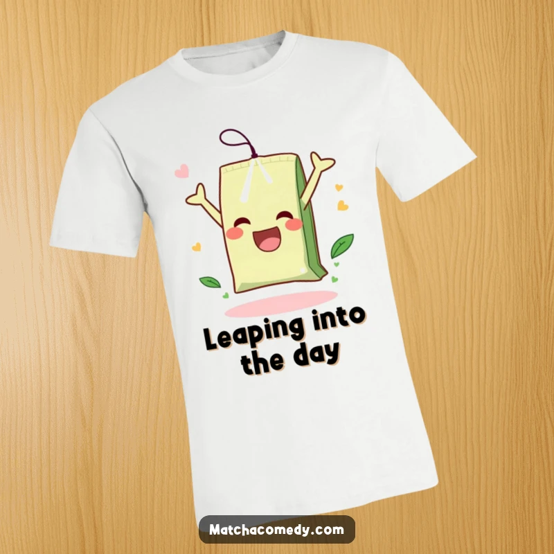 Funny t-shirt depicting a vibrant matcha tea bag in a dynamic, joyful somersault, radiating pure happiness and energy.