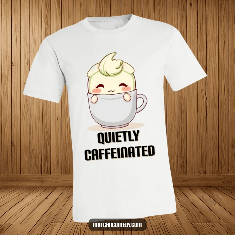 Funny Matcha Latte T-Shirt with a blushing character shyly hiding behind a teabag, offering a cute and relatable design.
