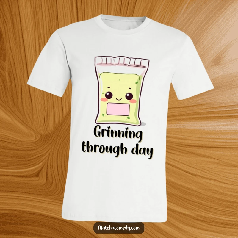 Funny Kawaii matcha powder bag t-shirt featuring a cute character peeking out with a grin, showcasing a playful attitude.