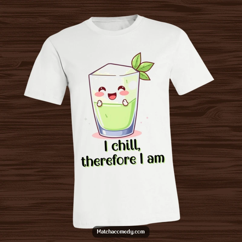 Funny smiling matcha ice cube leaping from a glass on a t-shirt, capturing a moment of spontaneous, cool fun. Adorable and amusing.