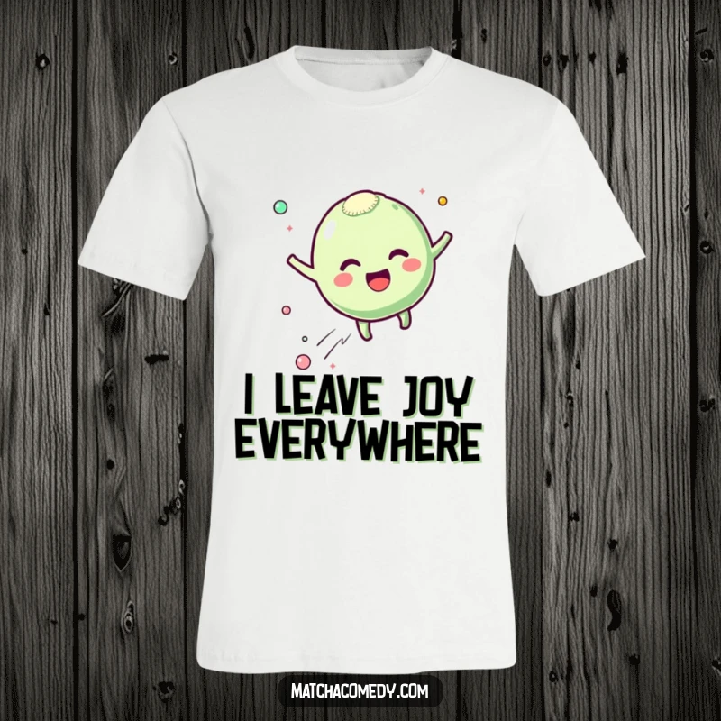 Funny matcha mochi t-shirt with a kawaii character bouncing with excitement and leaving happy particles, perfect for expressing joy, a funny gift.