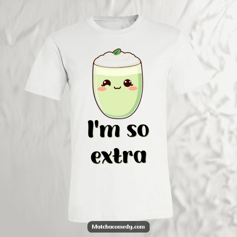 Funny Kawaii Matcha T-Shirt featuring a cheeky smirking matcha latte, a playful and humorous design.