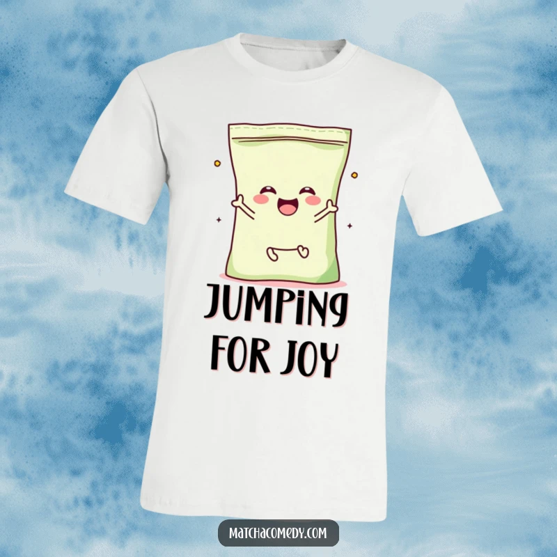 Funny Matcha Powder Bag T-Shirt with a kawaii character with tiny legs, jumping joyfully.