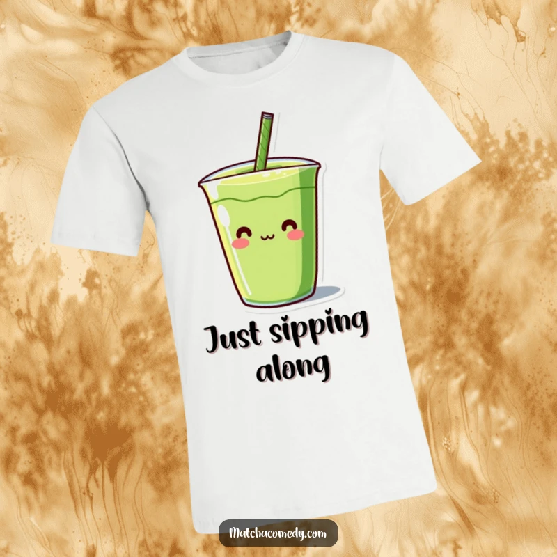 Funny Kawaii matcha beverage character with a comically long straw, soft fabric, designed for comfort and amusement.