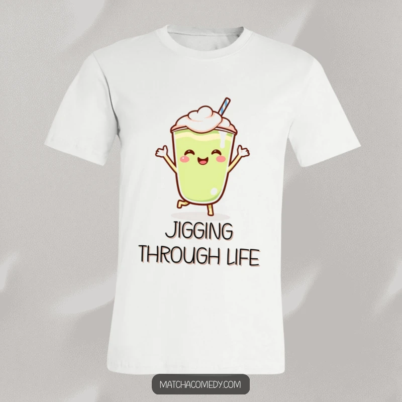 Funny Kawaii matcha latte t-shirt showcasing a cute character merrily doing a jig, perfect for expressing playful energy and joy.