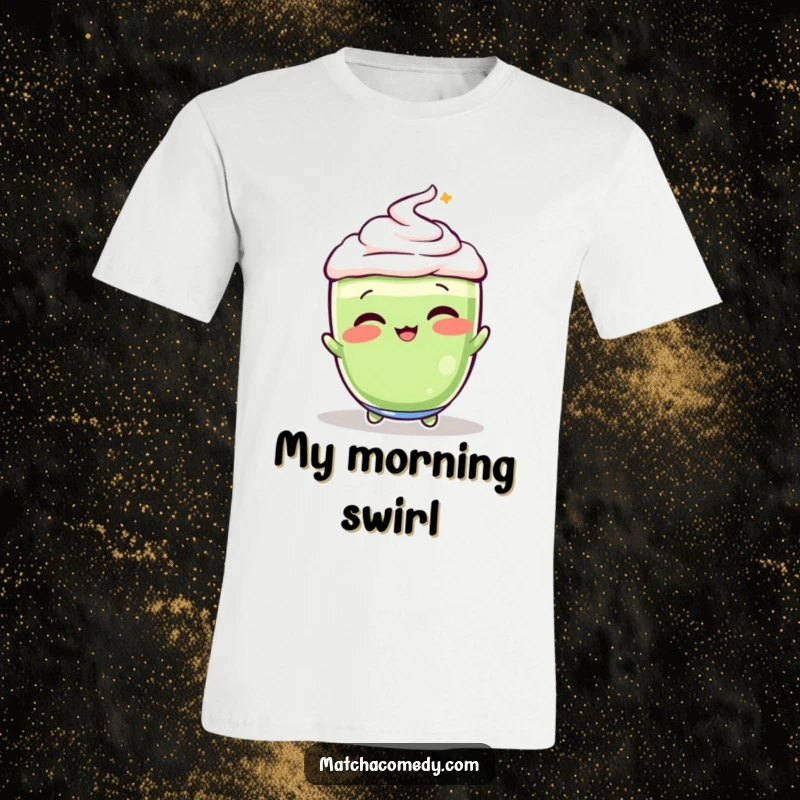 Funny, vibrant matcha latte in a dynamic whisking pose on this comfortable and humorous t-shirt.