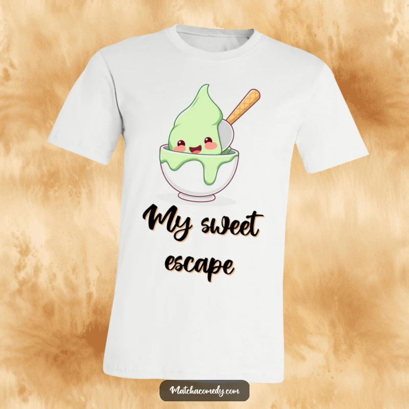 Funny, happy matcha ice cream scoop humorously diving into a bowl on this delightful t-shirt.