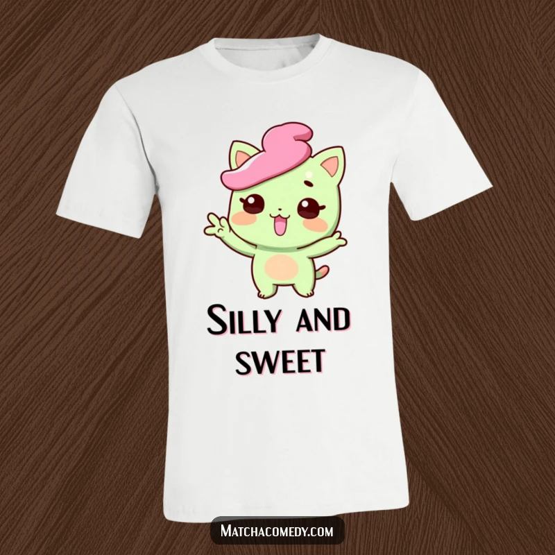 Funny matcha sweet t-shirt with a character striking a funny pose with tongue playfully sticking out, perfect for expressing quirkiness, a funny gift.