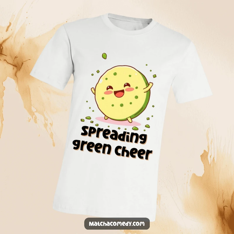 Funny, smiling matcha cookie executing a cartwheel and scattering green crumbs on this humorous t-shirt.