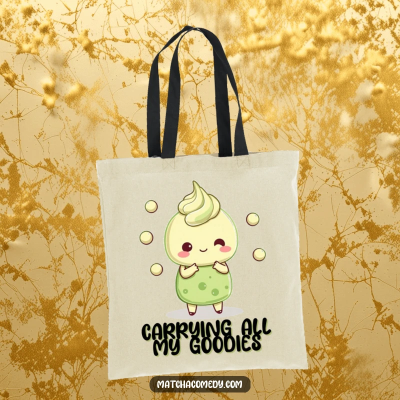 Funny Kawaii matcha dessert character juggling tiny matcha balls, durable canvas, perfect for shopping or carrying treats.