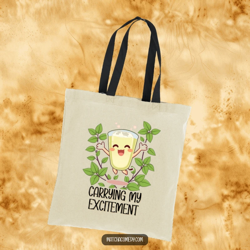 Funny Matcha Latte Tote Bag with an excited character jumping joyfully amid green leaves, highlighting its theme of vibrant energy and happiness.