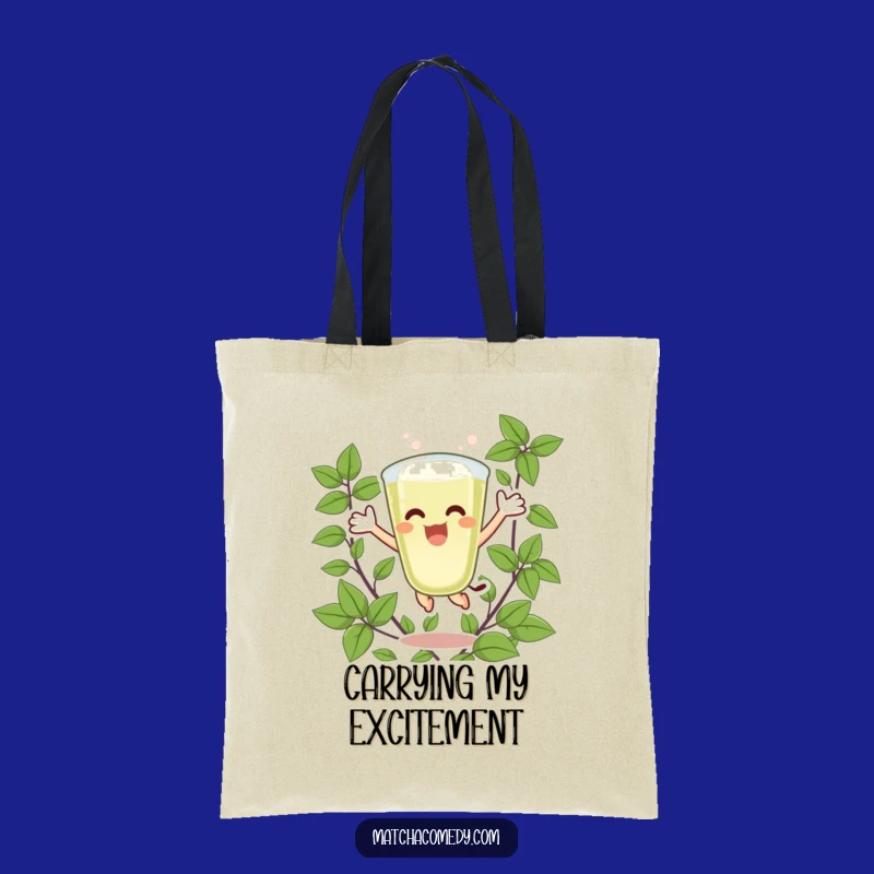Funny Matcha Latte Joy Tote Bag: Excited Jumper, Green Leaves, Handy Gift