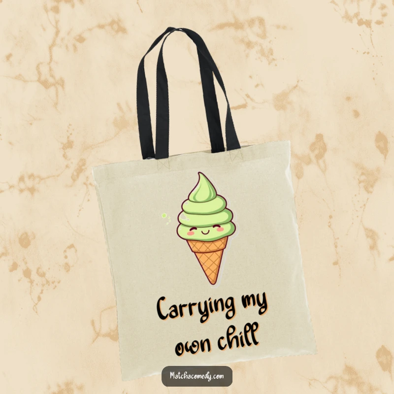 Funny matcha ice cream cone performing a cheerful spin, featured on a durable tote bag. A functional and humorous accessory.