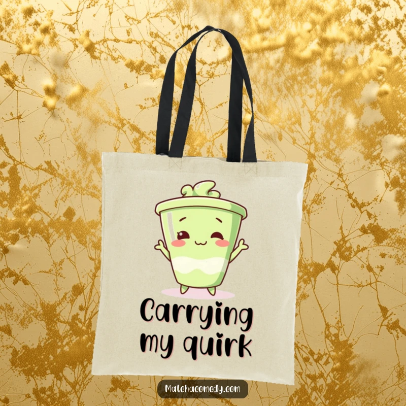 Funny matcha cup tote bag in a silly pose, perfect for carrying essentials with a dose of humor.