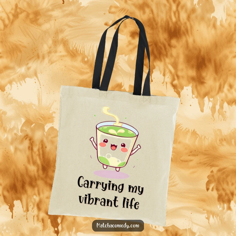 Funny Tote Bag depicting an excited kawaii matcha cup in mid-bounce, radiating cheerful energy and vibrancy.