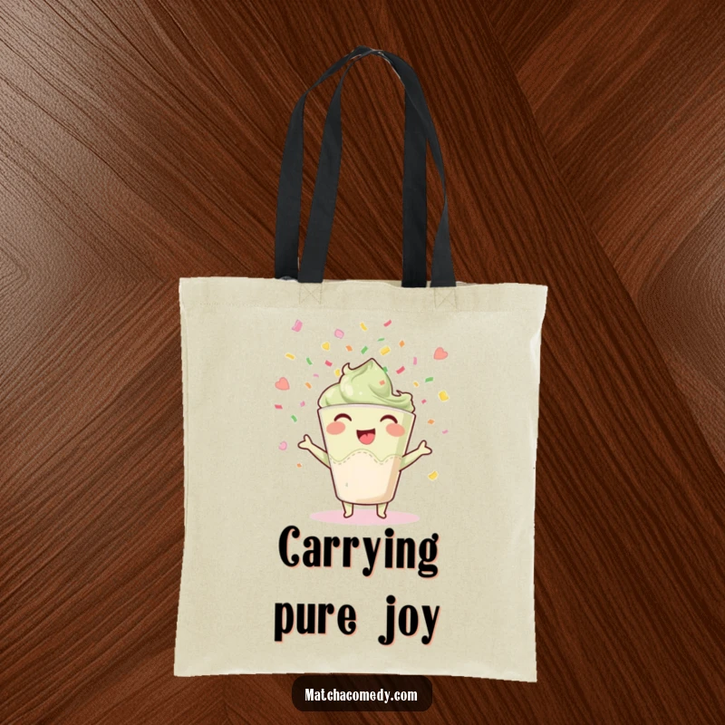 Funny happy matcha cup tote bag, tossing confetti, perfect for carrying party essentials with a cheerful vibe.