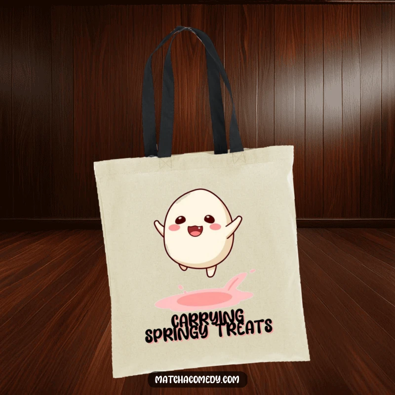 Funny Kawaii Matcha Mochi Leap Tote Bag: A joyful matcha mochi leaping, perfect for carrying your happy finds.
