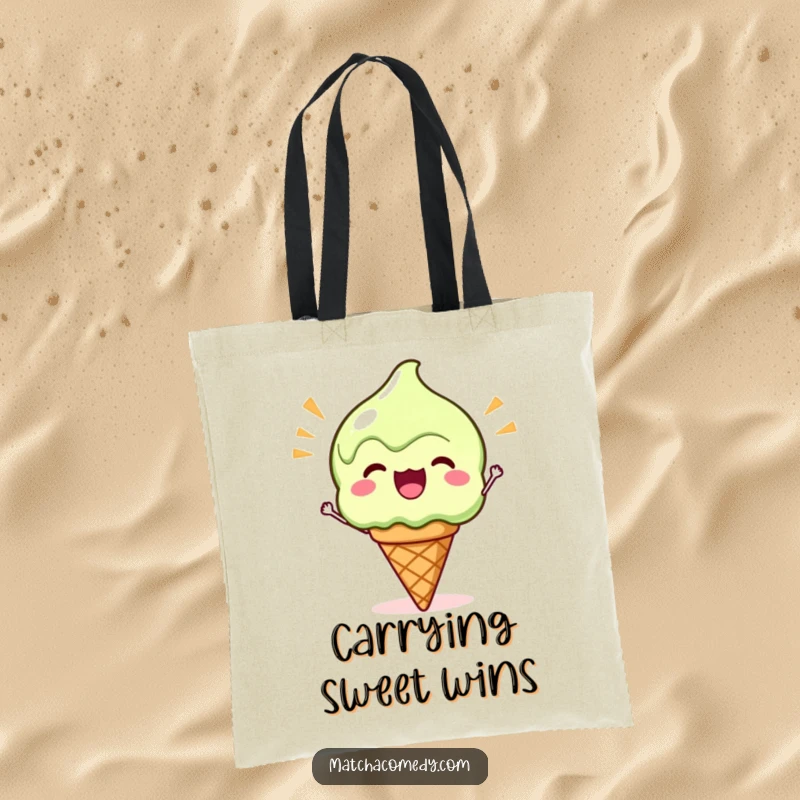 Funny Kawaii Matcha Ice Cream Tote Bag: A cute matcha ice cream cone cheering enthusiastically, perfect for carrying essentials.