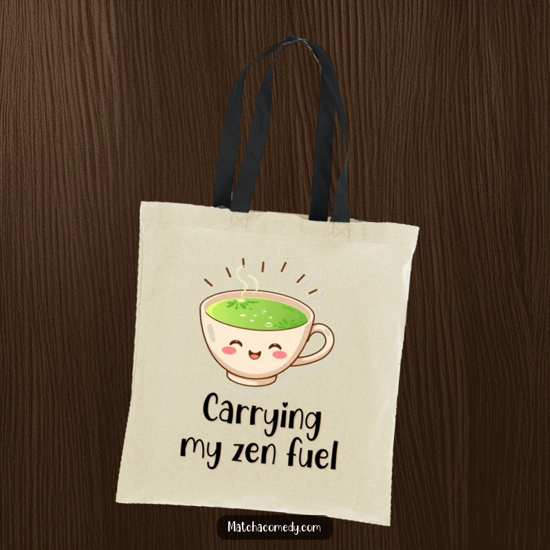 Funny tote bag showcasing a joyful matcha cup with radiating steam, perfect for carrying groceries or daily essentials with flair.